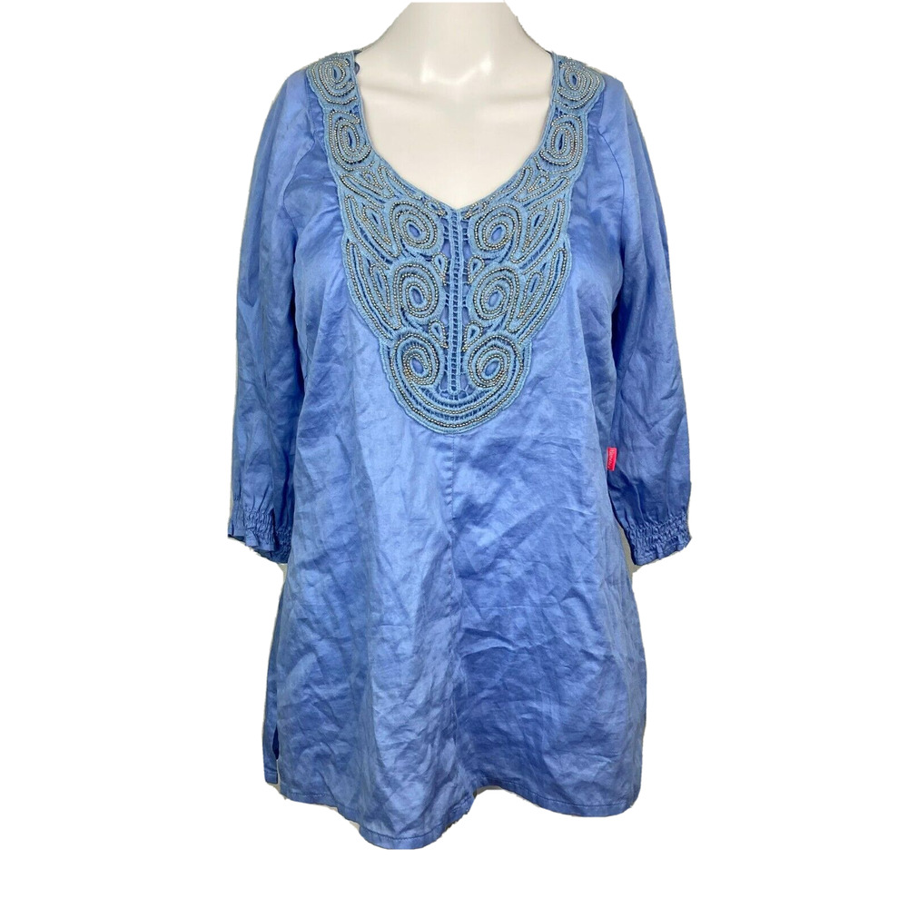 Flamenco Shirt Womens Sz M Blue Beaded Embroidered Cotton 3/4‎ Sleeve Tunic Top